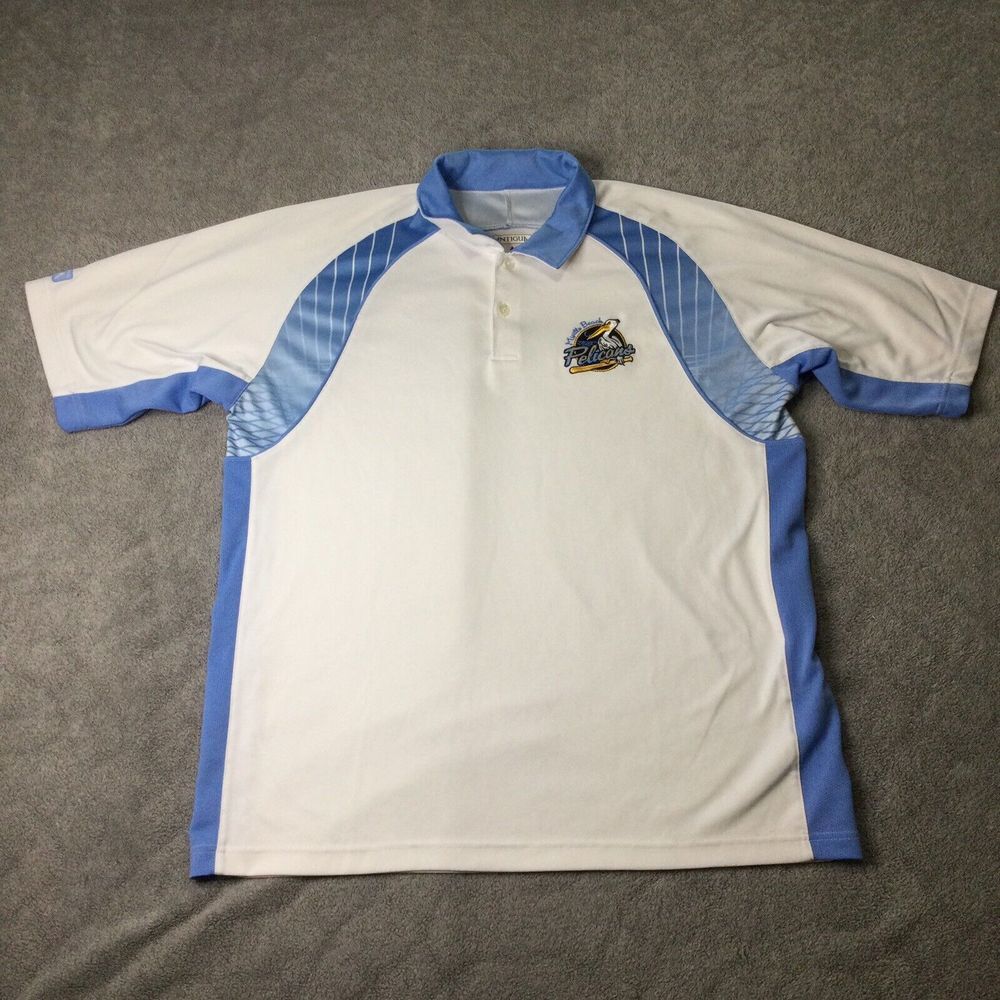 Antigua Golf Polo Myrtle Beach‎ Pelicans Mens L Blue White Short Sleeve Shirt